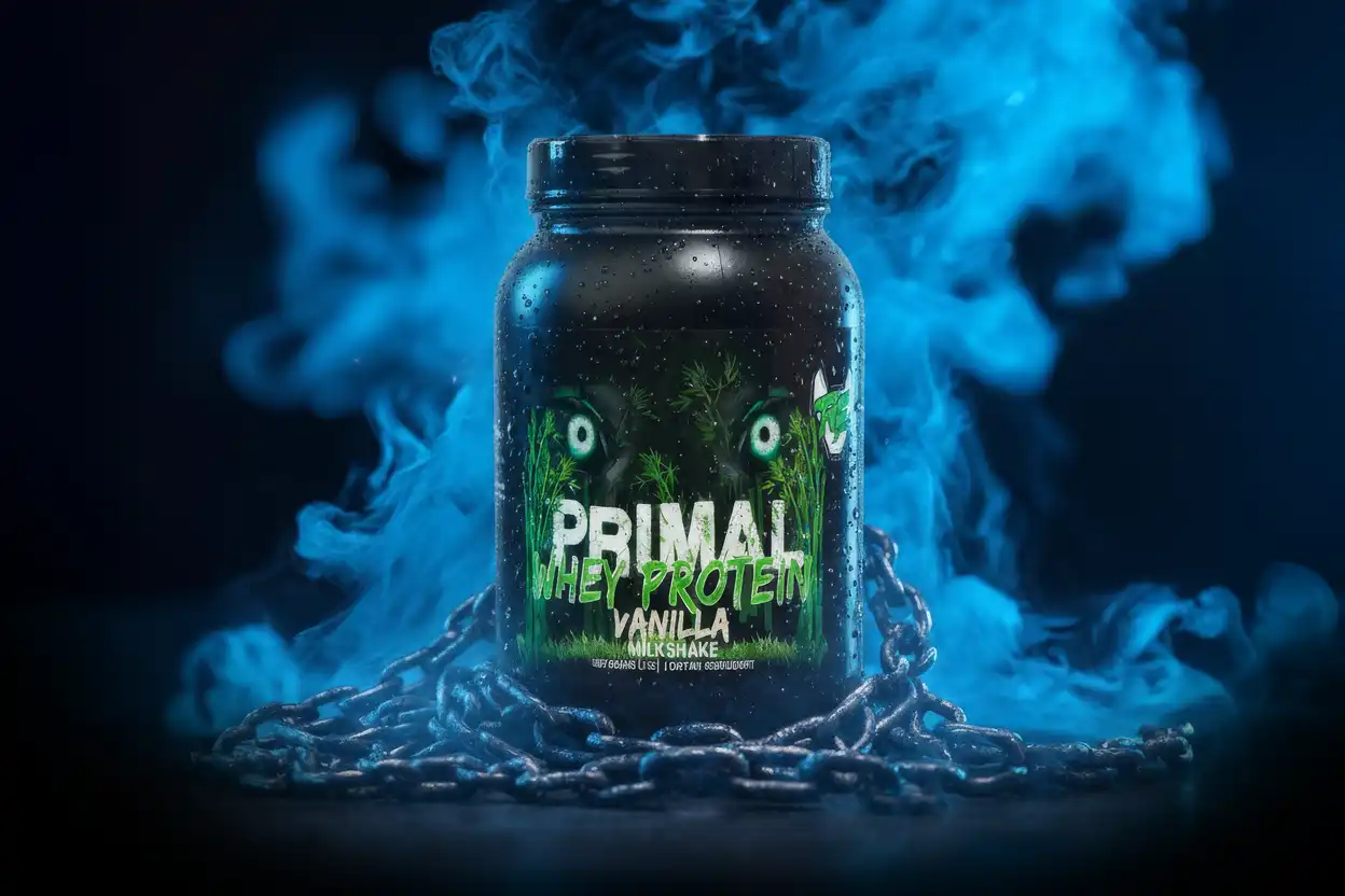 RF Supplements Primal Vanilla protein tub surrounded by smoke in a dramatic studio scene