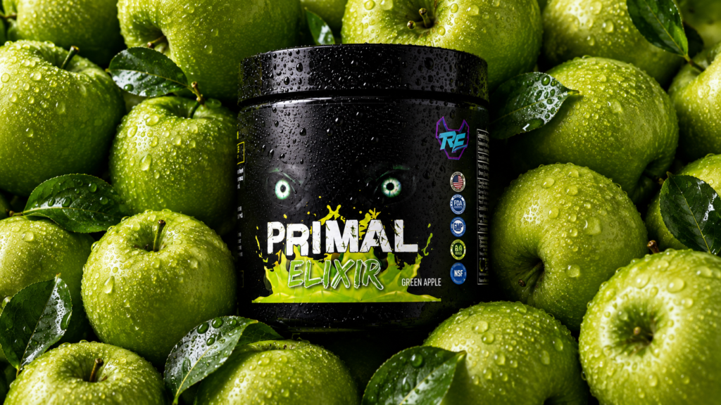 Primal Green Apple Elixir electrolyte hydration supplement surrounded by fresh green apples.